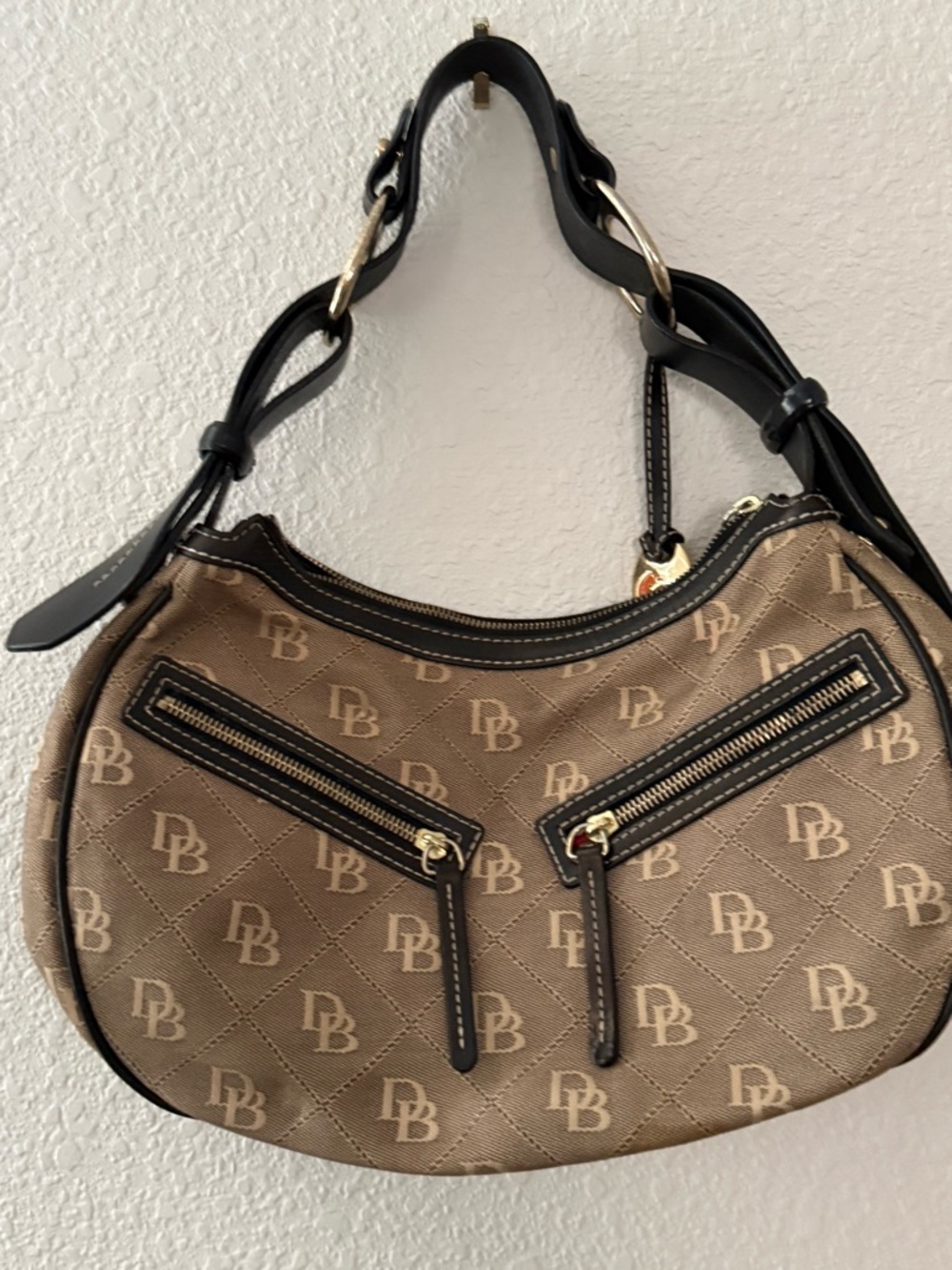 Dooney & Bourke Tan Monogram Hobo with Black Trim